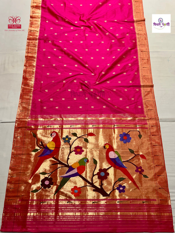 Handloom Pure Silk Single Munia Paithani Saree - Rani Pink