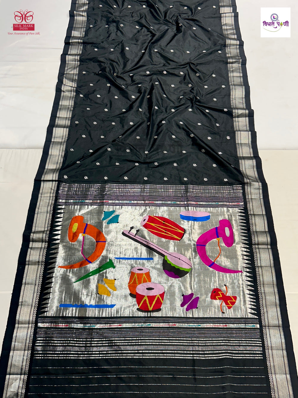 Black Handloom Pure Silk Chandrakor Butta Paithani Saree — full saree draped and laid flat — Vidhate Paithani, Yeola