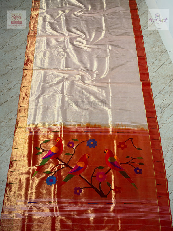 Handloom Pure Silk Single Munia Paithani Saree - Stripes - Peach — full saree draped and laid flat — Vidhate Paithani, Yeola