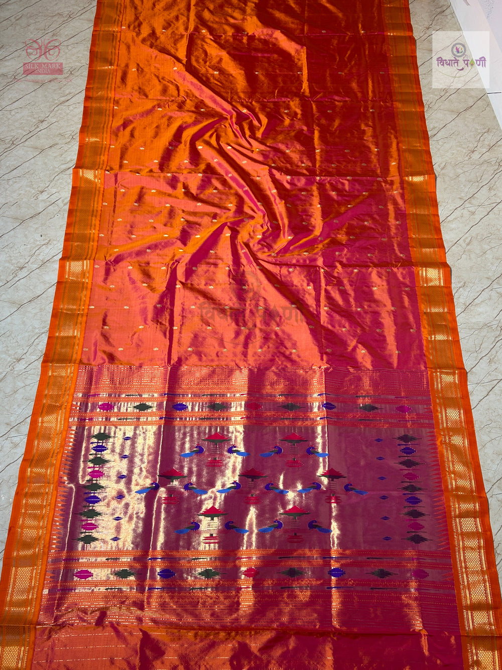 Handloom Pure Silk Double Pallu Paithani Saree – Pink Orange Mix — full saree draped and laid flat — Vidhate Paithani, Yeola