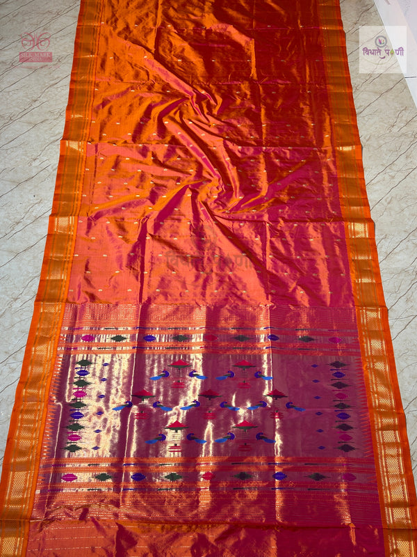 Handloom Pure Silk Double Pallu Paithani Saree - Pink Orange Mix