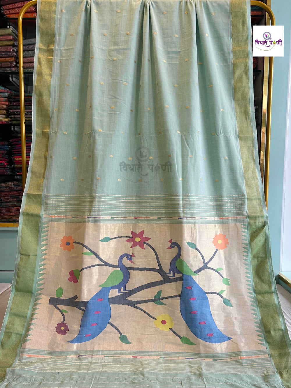 Handloom Pure Cotton Paithani Saree - Peacock Pallu - PastelGreen — full saree draped and laid flat — Vidhate Paithani, Yeola