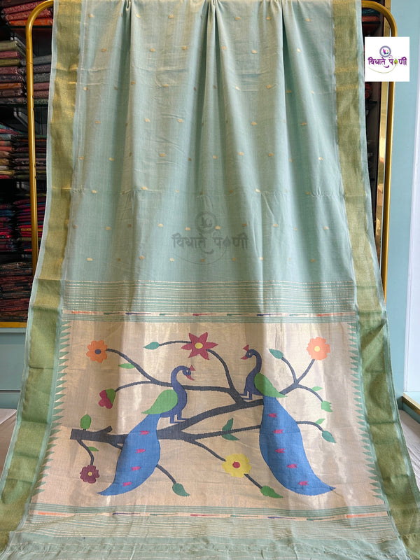 Handloom Pure Cotton Paithani Saree - Peacock Pallu - PastelGreen
