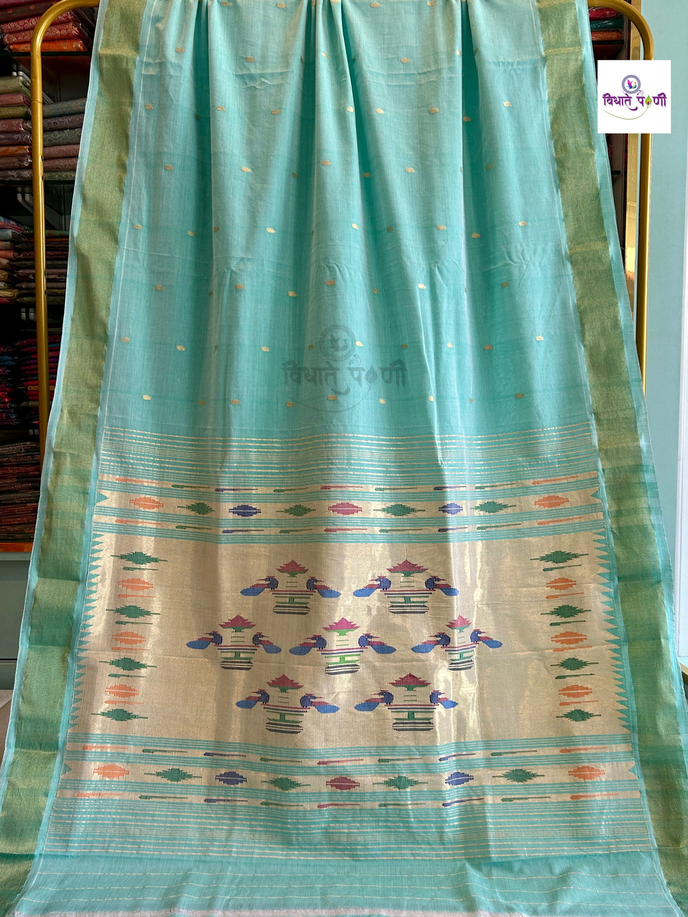 Pastel Green Handloom Pure Cotton Paithani Saree - Double Pallu