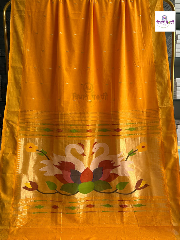Handloom Pure Cotton Paithani Saree - Lotus Swan - Mango