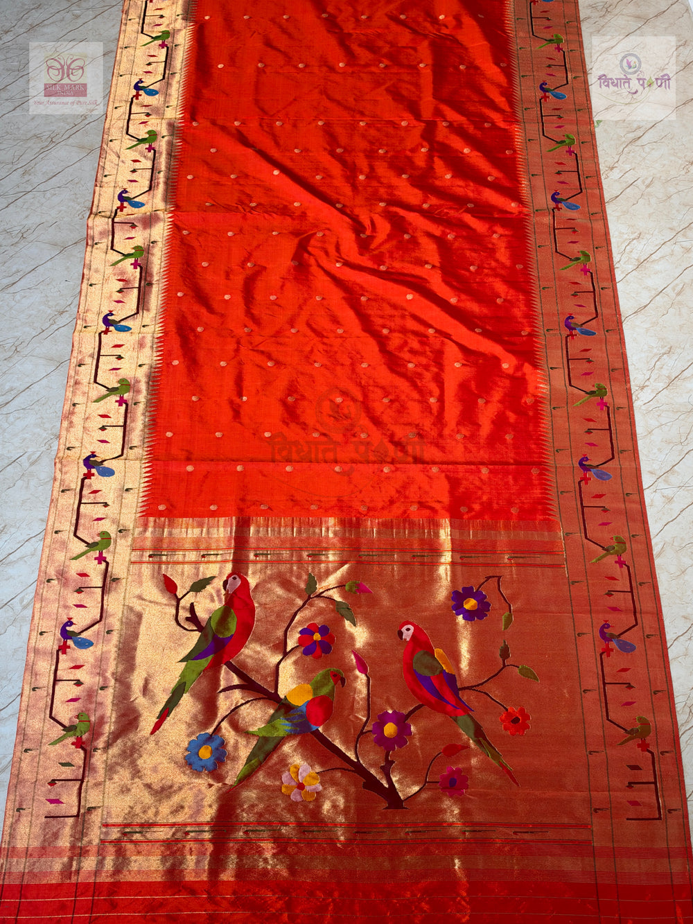 Handloom Pure Silk Paithani Saree - Brocade Border Designer Pallu — full saree draped and laid flat — Vidhate Paithani, Yeola