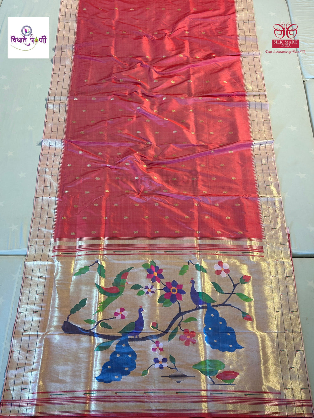 Handloom Pure Silk Triple Munia Border Paithani Saree - Carrot
