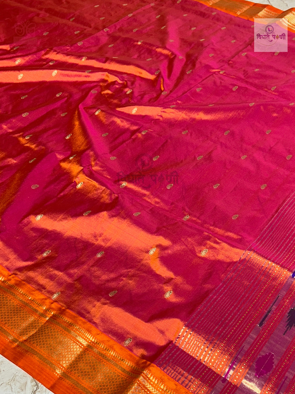 Handloom Pure Silk Double Pallu Paithani Saree – Pink Orange Mix — pallu detail — Vidhate Paithani, Yeola