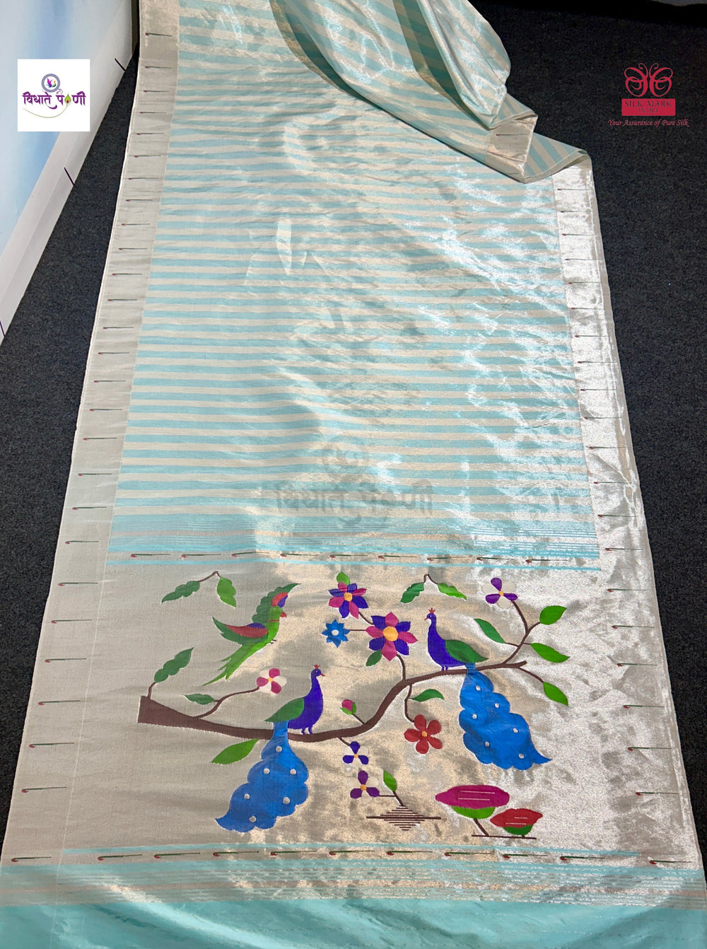 White Handloom Pure Silk Single Munia Paithani Saree — full saree draped and laid flat — Vidhate Paithani, Yeola