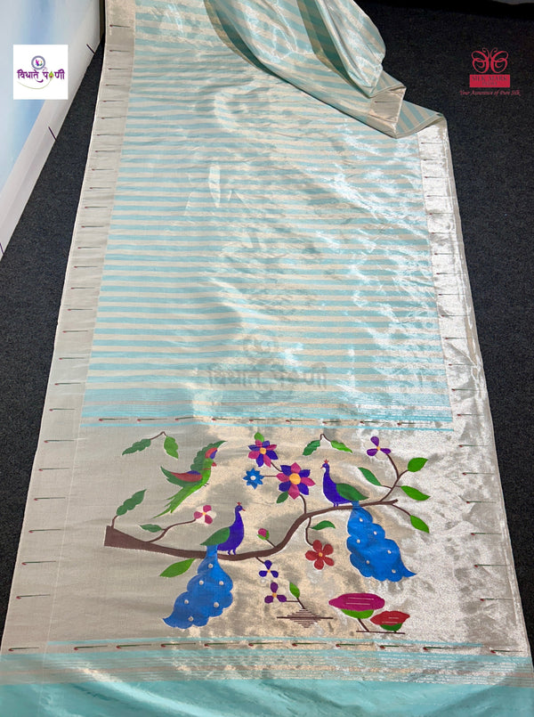 Handloom Pure Silk Single Munia Paithani Saree - White 4