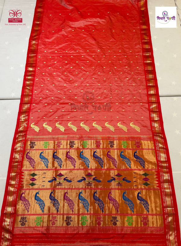 Handloom Pure Silk Fancy Pallu Paithani Saree - Pastel Red