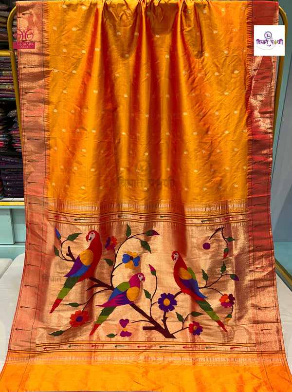Handloom Pure Silk Single Munia Paithani Saree - Mango