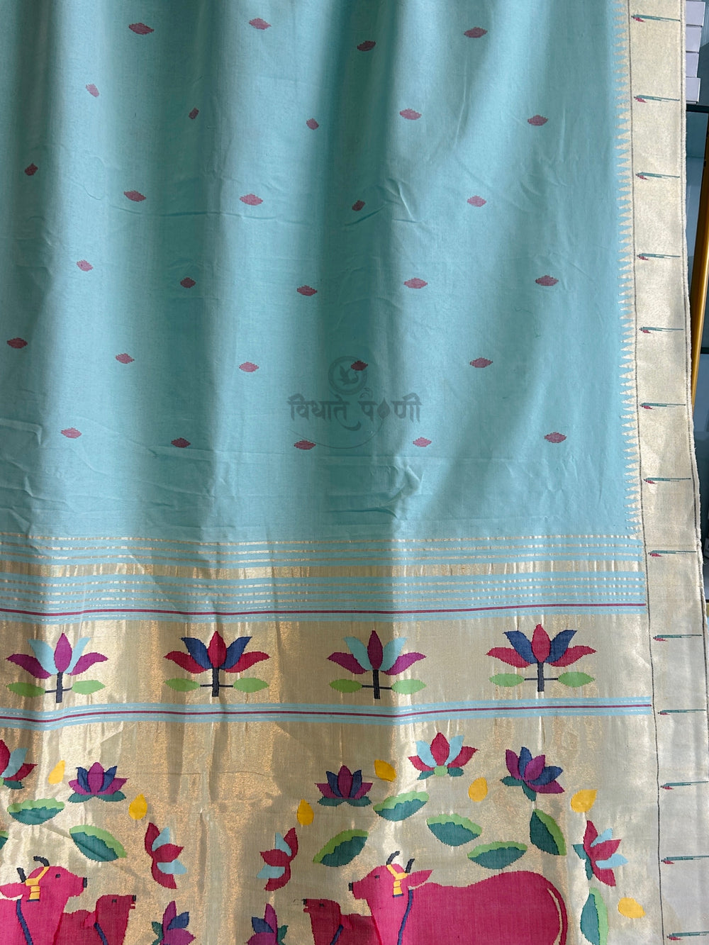 Handloom Pure Cotton Munia Border Paithani Saree- Pista Green
