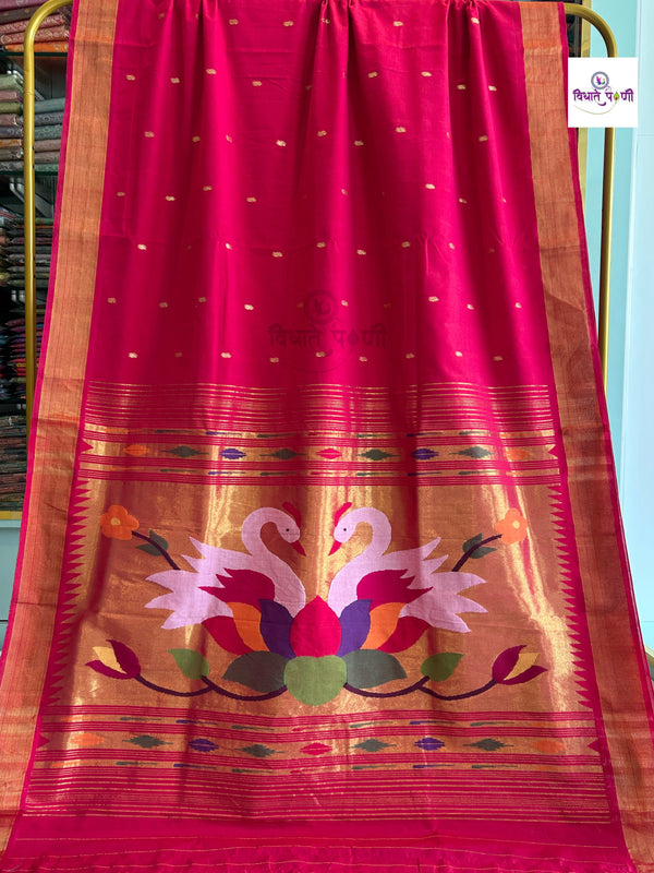 Handloom Pure Cotton Paithani Saree - Swan Pallu - HotPink