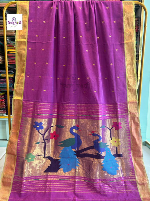 Handloom Pure Cotton Paithani Saree - Peacock Pallu - Magenta
