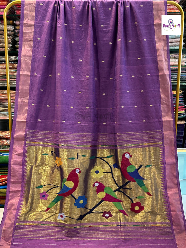 Handloom Pure Cotton Paithani Saree- American Parrot