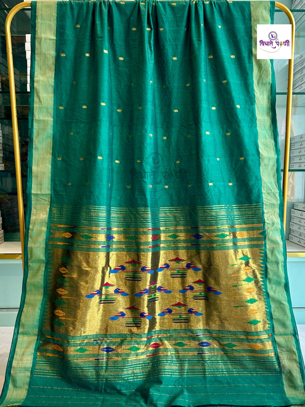 Handloom Pure Cotton Paithani Saree - Double Pallu - Emerald Green