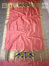 Munia Border Paithani Dupatta - Peach — full dupatta laid flat — Vidhate Paithani, Yeola