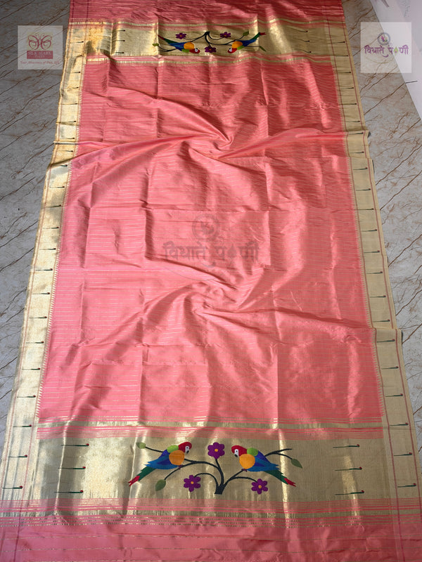 Munia Border Paithani Dupatta - Peach — full dupatta laid flat — Vidhate Paithani, Yeola
