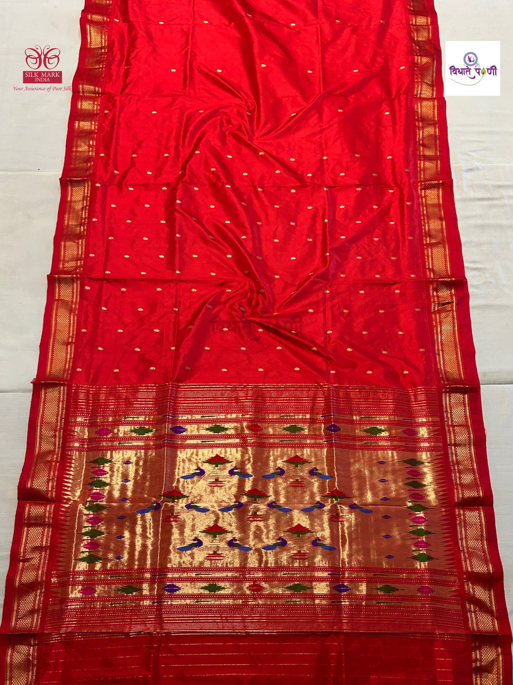 Handloom Pure Silk Double Pallu Paithani Saree - Dark Orange