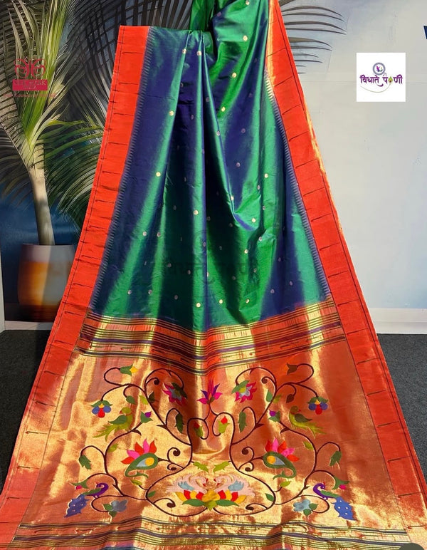 Handloom Pure Silk Single Munia Paithani Saree - Sea Green