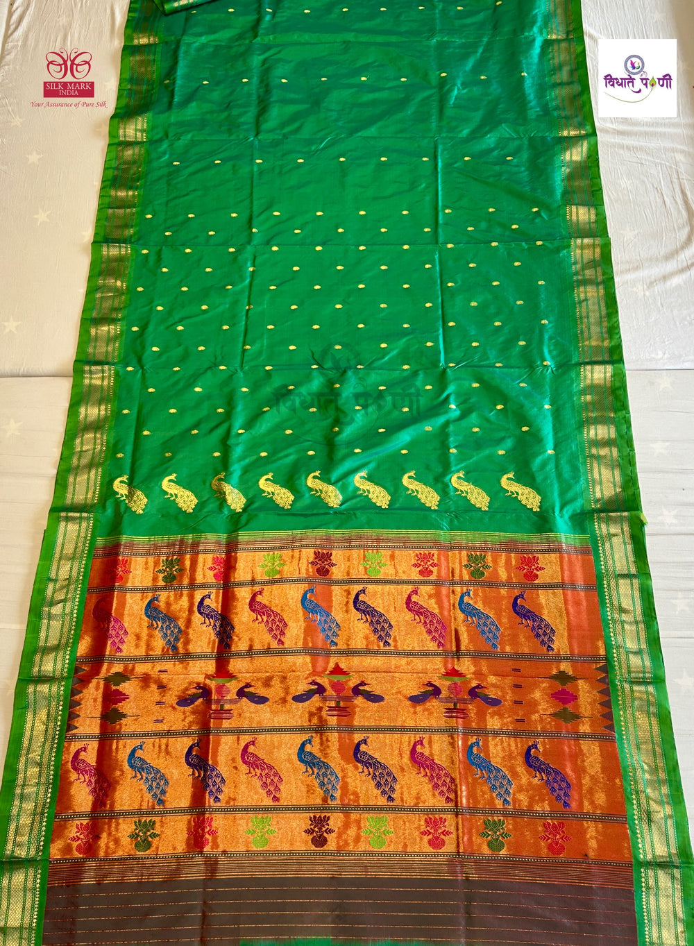 Parrot Green Handloom Pure Silk Fancy Pallu Paithani Saree — full saree draped and laid flat — Vidhate Paithani, Yeola