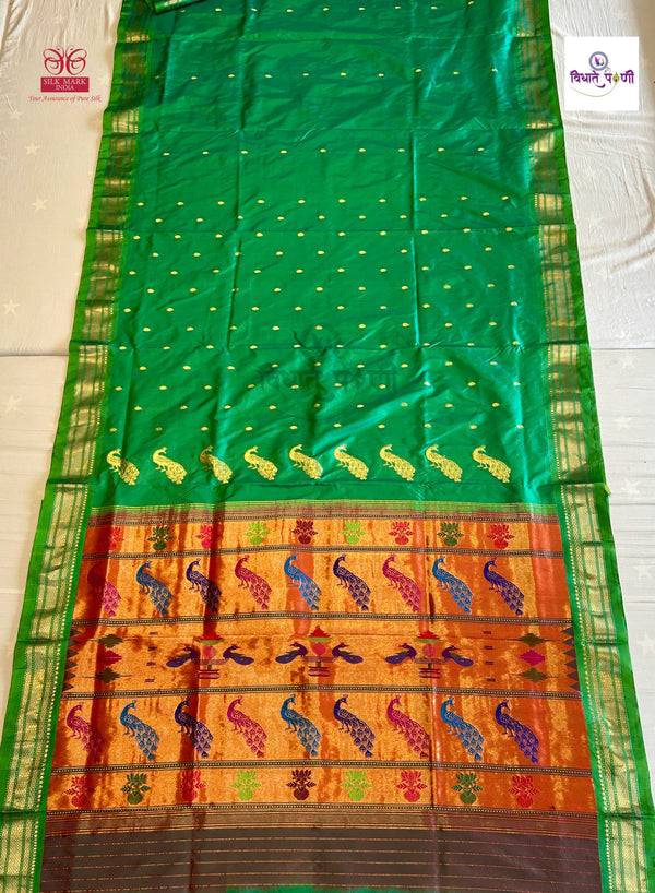 Handloom Pure Silk Fancy Pallu Paithani Saree - Parrot Green