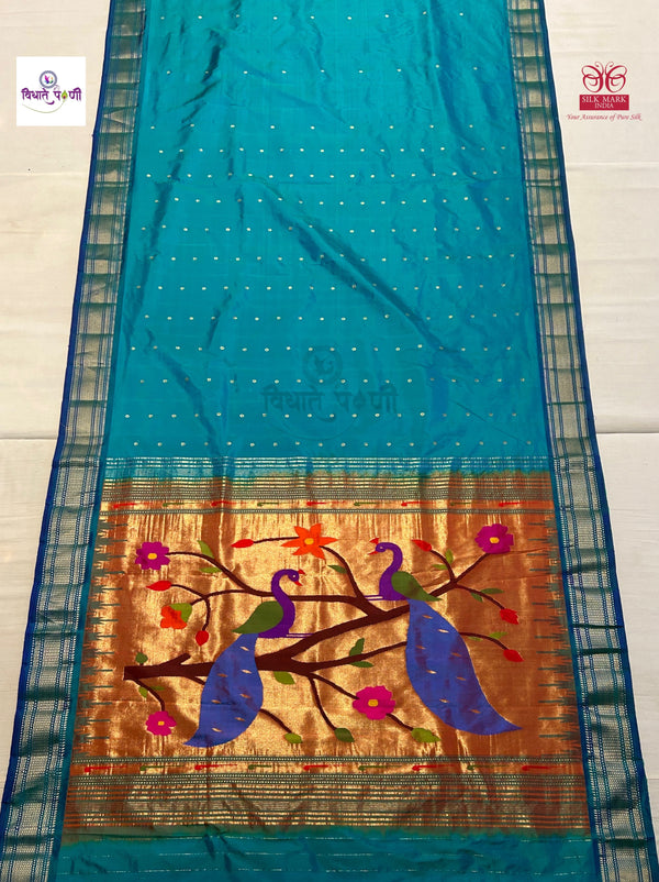 Handloom Pure Silk Paithani Saree - Designer Pallu - Sea Blue