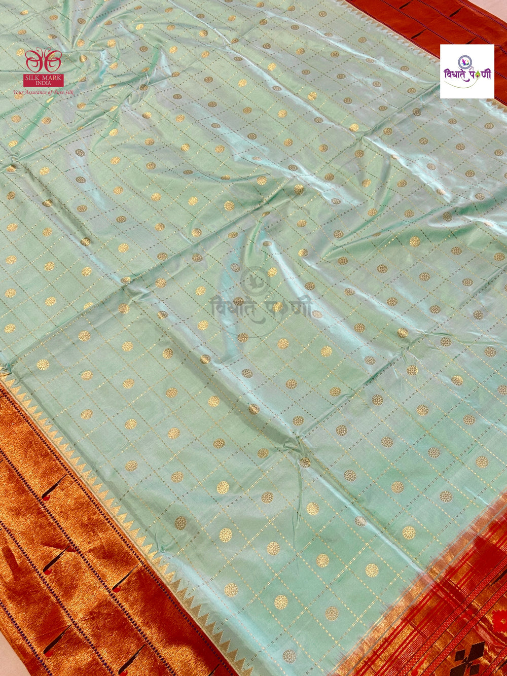 Powerloom Pure Silk Triple Munia Paithani Saree Chex – Pista Green | Monsoon Sale