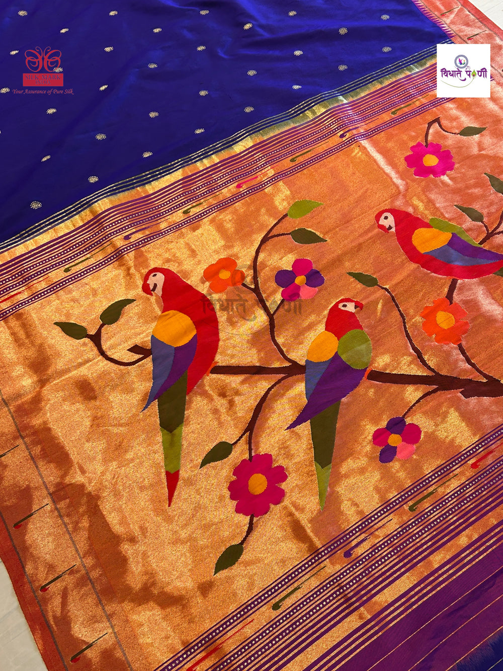 Handloom Pure Silk Single Munia Paithani Saree - Navy