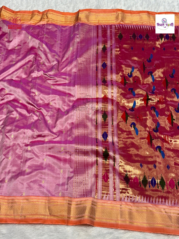 Handloom Pure Silk Double Pallu Paithani Saree - Pastel Pink