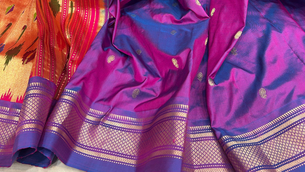Handloom Pure Silk Double Pallu Paithani Saree - Two Tone Purple