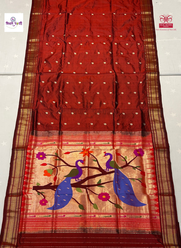 Handloom Pure Silk Chandrakor Butta Paithani Saree - Maroon