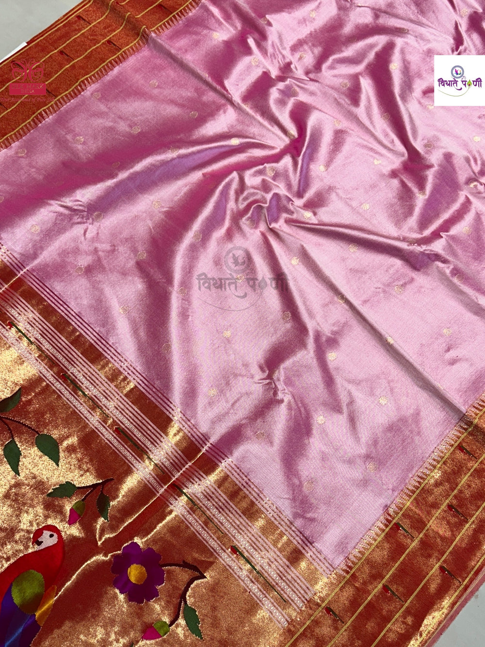 Handloom Pure Silk Triple Munia Border Paithani Saree - Pastel Pink