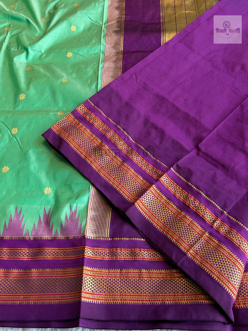 Traditional Pure Silk Irkal Butta Sarees- Temple Border - Pista Green