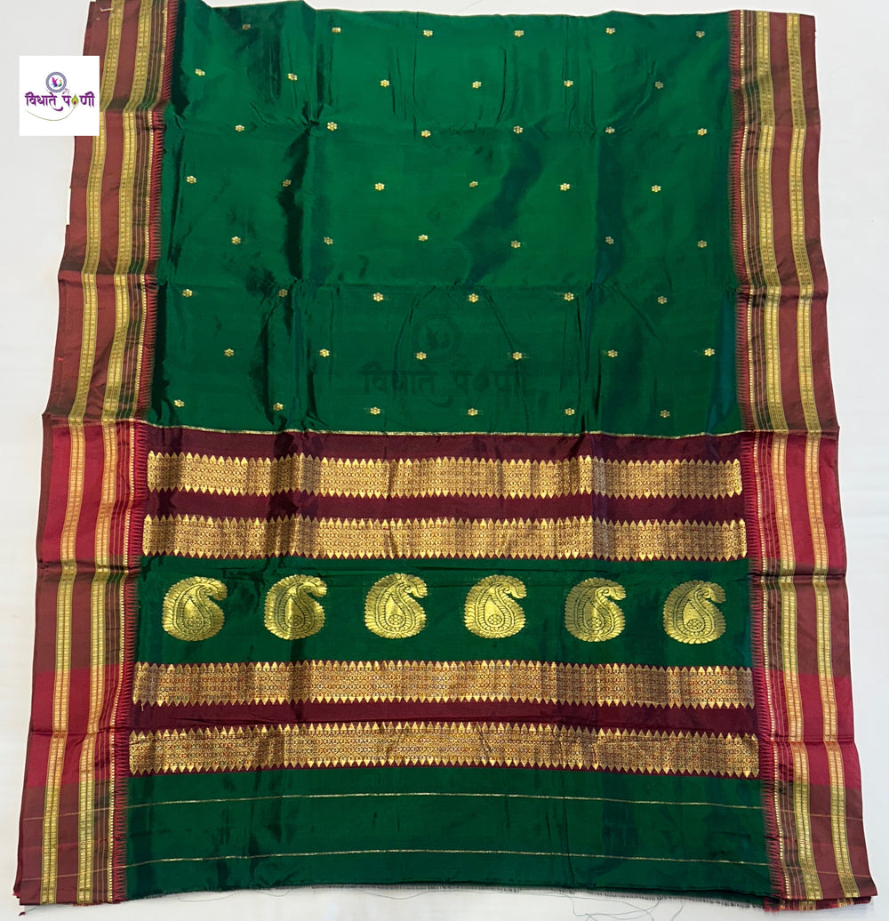 Green Narayanpeth Single Ply Pure Silk Saree — full saree draped and laid flat — Vidhate Paithani, Yeola