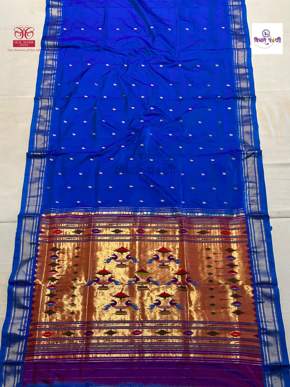 Handloom Pure Silk Double Pallu Paithani Saree - Blue