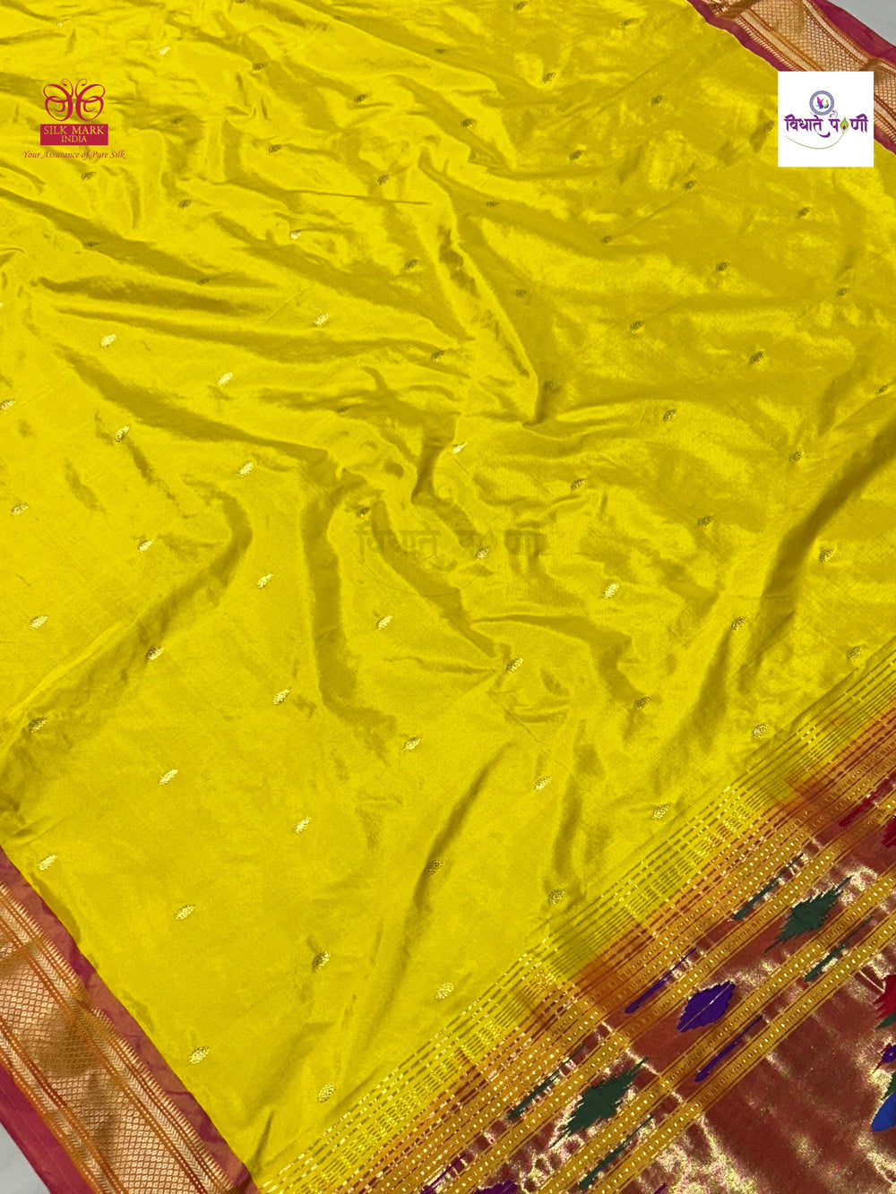 Handloom Pure Silk Double Pallu Paithani Saree - Lemon Yellow