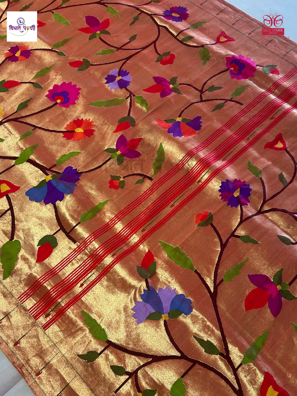 Handloom Pure Silk All Over Brocade Paithani Saree- Golden Tissue — pallu with zari brocade detail — Vidhate Paithani, Yeola