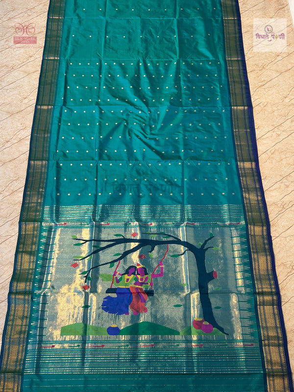 Handloom Pure Silk Paithani Saree - Designer Pallu - Sea Blue