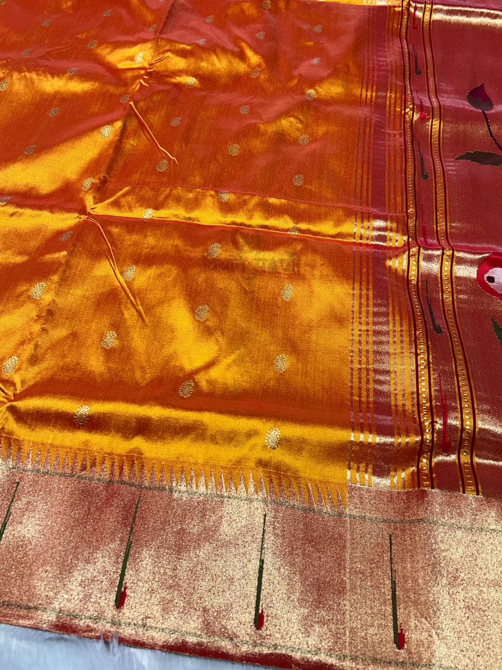 Handloom Pure Silk Single Munia Paithani Saree - Mango