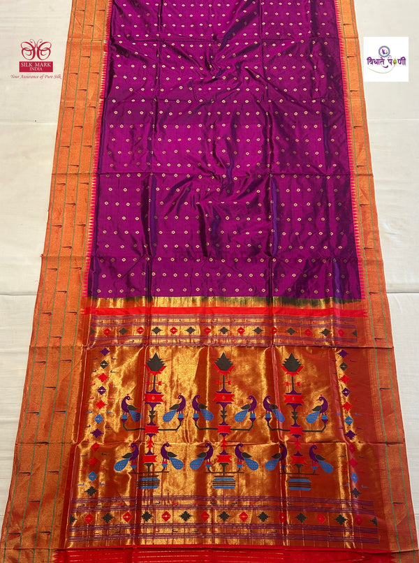 Powerloom Pure Silk Triple Munia Paithani Saree