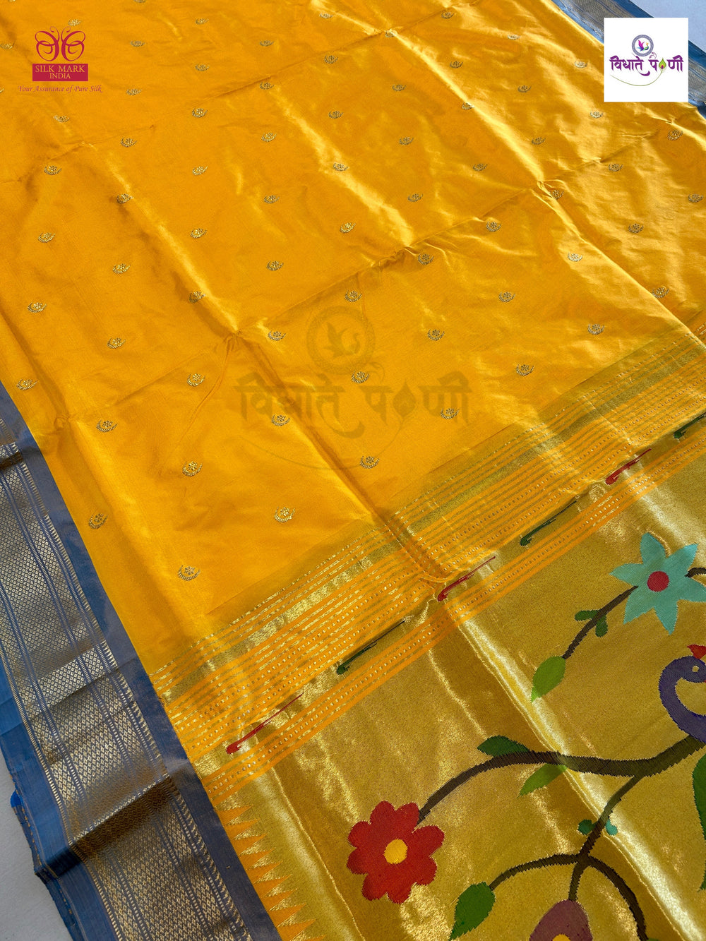 Handloom Pure Silk Chandrakor Butta Paithani Saree - Lemon Yellow
