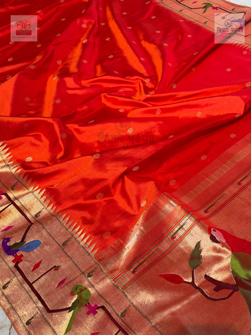 Handloom Pure Silk Paithani Saree - Brocade Border Designer Pallu — body weave and butti detail — Vidhate Paithani, Yeola