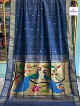 Navy Handloom Pure Cotton Paithani Saree - Peacock Pallu — full saree draped and laid flat — Vidhate Paithani, Yeola
