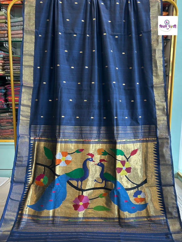 Handloom Pure Cotton Paithani Saree - Peacock Pallu - Navy