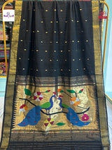 Black Handloom Pure Cotton Paithani Saree - Peacock Pallu — full saree draped and laid flat — Vidhate Paithani, Yeola