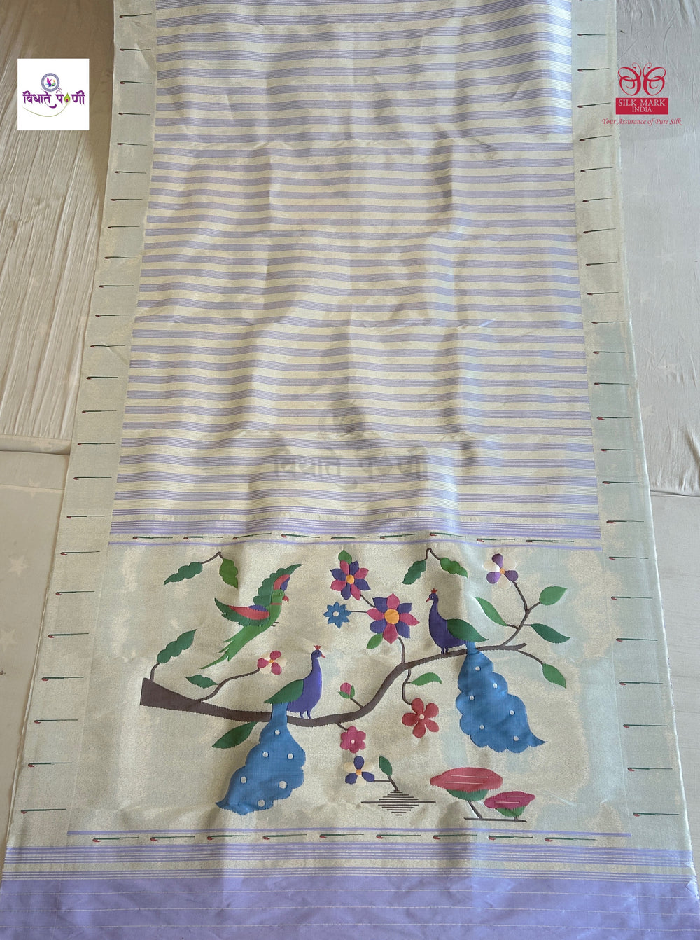 White Handloom Pure Silk Single Munia Paithani Saree — full saree draped and laid flat — Vidhate Paithani, Yeola