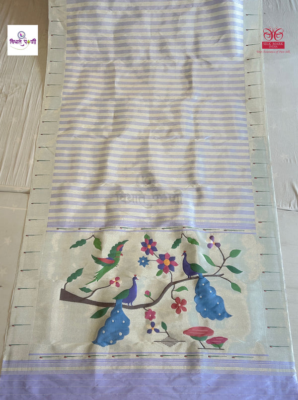 Handloom Pure Silk Single Munia Paithani Saree - White 3