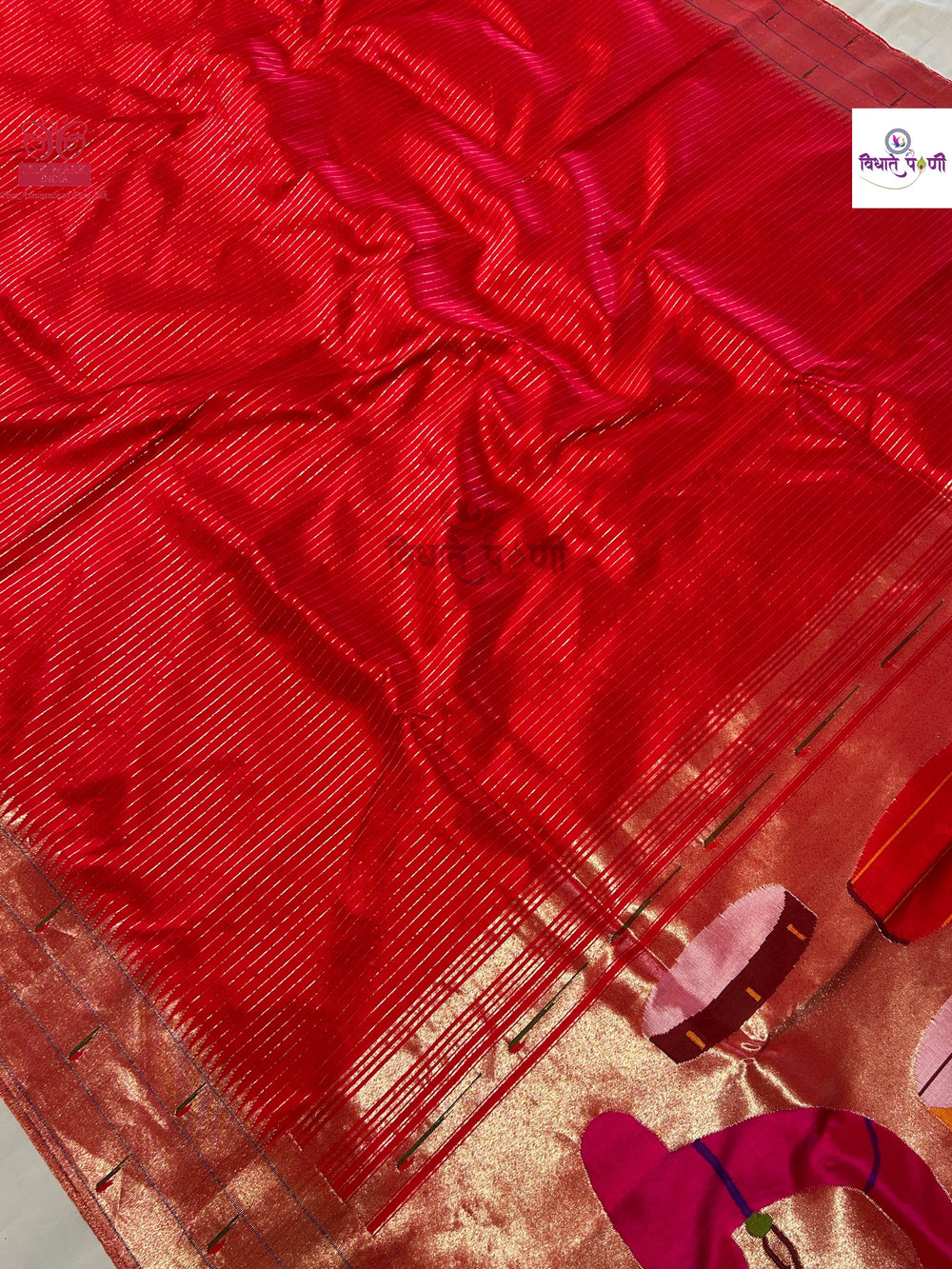 Handloom Pure Silk Triple Munia Border Paithani Saree - Red 3